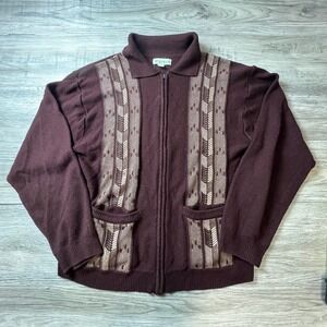 Haband Full Zip Sweater Mens XL Burgundy Geometric Knit Retro Grandpacore J18